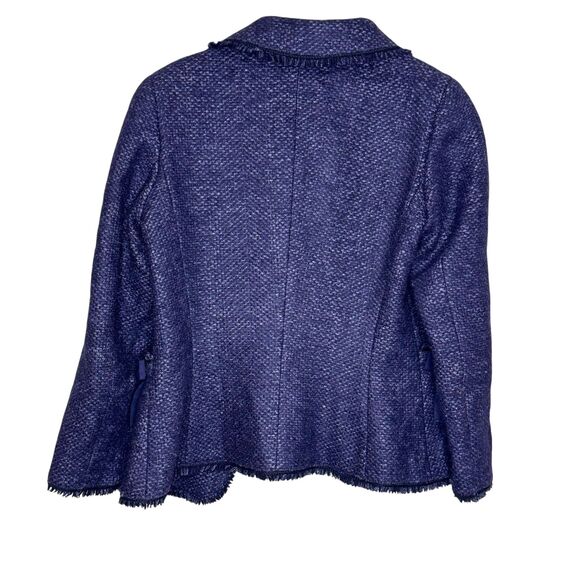 Carolina Herrera Jacket Womens Size 6 Navy Blue Boucle Tweed Hook Eye Bow Trim - Picture 2 of 10